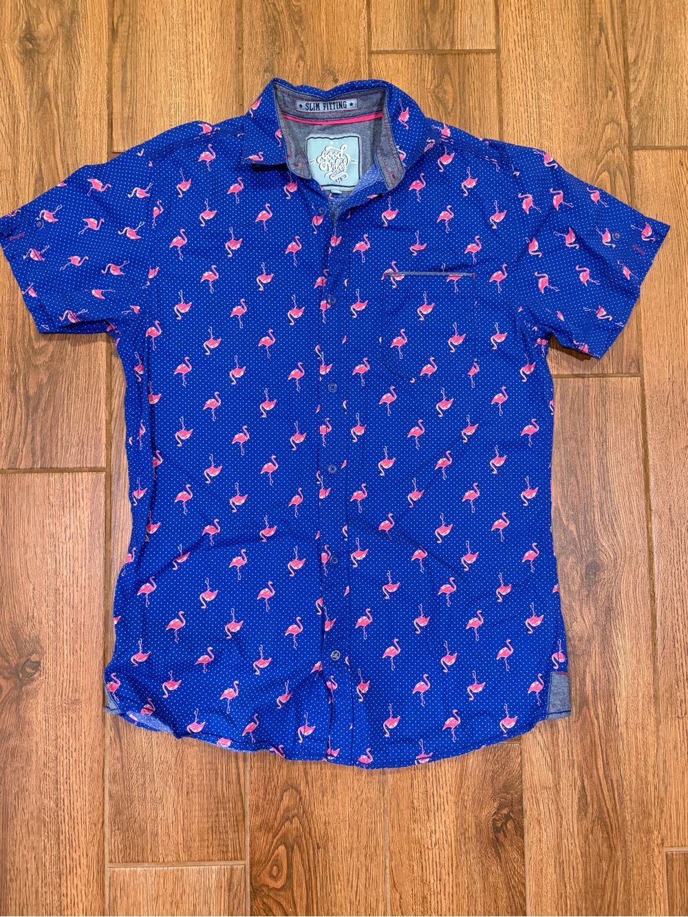 Good vibes Short Sleeve Blue Flamingo Print Shirt / men’s medium
